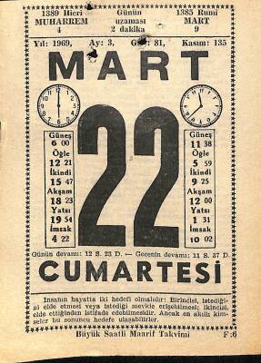 22 Mart 1969 Takvim Yaprağı - Doğum Günü Hediyesi EFM(N)10995 - 1