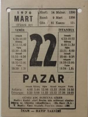 22 Mart 1970 Takvim Yaprağı - Doğum Günü Hediyesi EFM(N)7966 - 1