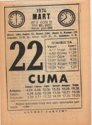 22 Mart 1974 Takvim Yaprağı EFM(N)5901 - 3