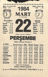 22 Mart 1984 Takvim Yaprağı - Doğum Günü Hediyesi EFM(N)11319 - Gökçekoleksiyon