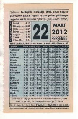 22 Mart 2012 Takvim Yaprağı EFM(N)1892 - 2