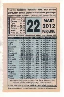 22 Mart 2012 Takvim Yaprağı EFM(N)1892 - 1