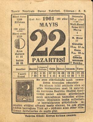 22 Mayıs 1961 Takvim Yaprağı - Doğum Günü Hediyesi EFM(N)11152 - 1