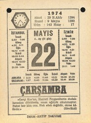 22 Mayıs 1974 Takvim Yaprağı - Doğum Günü Hediyesi EFM(N)11984 - Gökçekoleksiyon