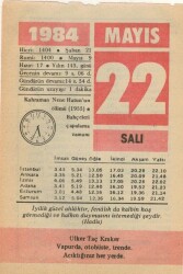 22 Mayıs 1984 Takvim Yaprağı EFM(N)6231 - Gökçekoleksiyon