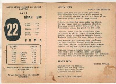 22 Nisan 1960 Ajans Türk Takvim Yaprağı (Şiirli Saatli) EFM(N)1579 - 4
