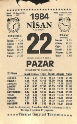 22 Nisan 1984 Takvim Yaprağı - Doğum Günü Hediyesi EFM(N)11206 - Gökçekoleksiyon