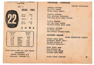 22 Ocak 1960 Ajans Türk Takvim Yaprağı(Şiirli Saatli) EFM(N)1100 - 1