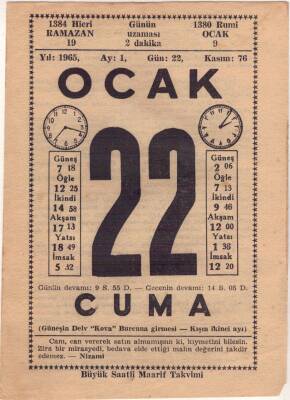 22 Ocak 1965 Takvim Yaprağı EFM(N)4520 - 1