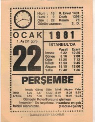 22 Ocak 1981 Takvim Yaprağı EFM(N)4668 - Gökçekoleksiyon