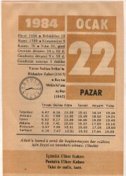 22 Ocak 1984 Takvim Yaprağı EFM(N)4761 - Gökçekoleksiyon