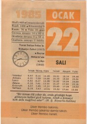 22 Ocak 1985 Takvim Yaprağı EFM(N)4792 - Gökçekoleksiyon