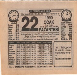 22 Ocak 1990 Takvim Yaprağı EFM(N)4699 - Gökçekoleksiyon
