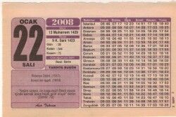 22 Ocak 2008 Takvim Yaprağı EFM(N)4947 - Gökçekoleksiyon