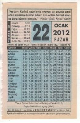 22 Ocak 2012 Takvim Yaprağı EFM(N)1832 - 1