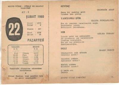 22 Şubat 1960 Ajans Türk Takvim Yaprağı (Şiirli Saatli) EFM(N)1520 - 3