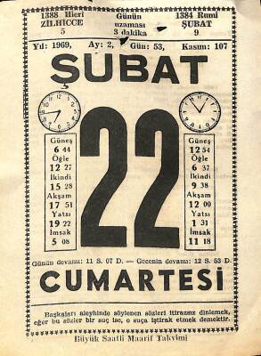22 Şubat 1969 Takvim Yaprağı - Doğum Günü Hediyesi EFM(N)11020 - 1