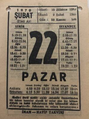 22 Şubat 1970 Takvim Yaprağı - Doğum Günü Hediyesi EFM(N)7772 - 1