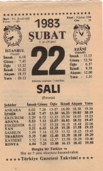 22 Şubat 1983 Takvim Yaprağı EFM(N)5402 - Gökçekoleksiyon