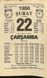 22 Şubat 1984 Takvim Yaprağı - Doğum Günü Hediyesi EFM(N)11822 - Gökçekoleksiyon