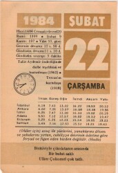 22 Şubat 1984 Takvim Yaprağı EFM(N)5345 - Gökçekoleksiyon