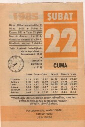 22 Şubat 1985 Takvim Yaprağı EFM(N)5148 - Gökçekoleksiyon