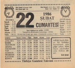 22 Şubat 1986 Takvim Yaprağı EFM(N)5233 - Gökçekoleksiyon