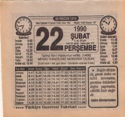 22 Şubat 1990 Takvim Yaprağı EFM(N)5205 - Gökçekoleksiyon