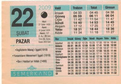 22 Şubat 2009 Takvim Yaprağı EFM(N)5627 - 1