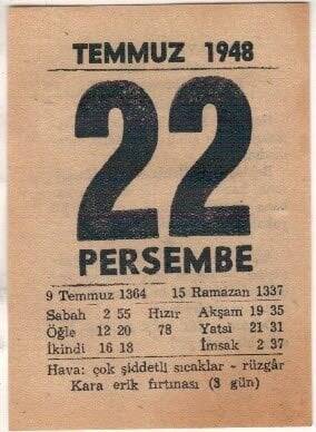 22 Temmuz 1948 Takvim Yaprağı EFM(N)1437 - 3