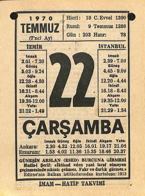22 Temmuz 1970 Takvim Yaprağı - Doğum Günü Hediyesi EFM(N)12512 - 1