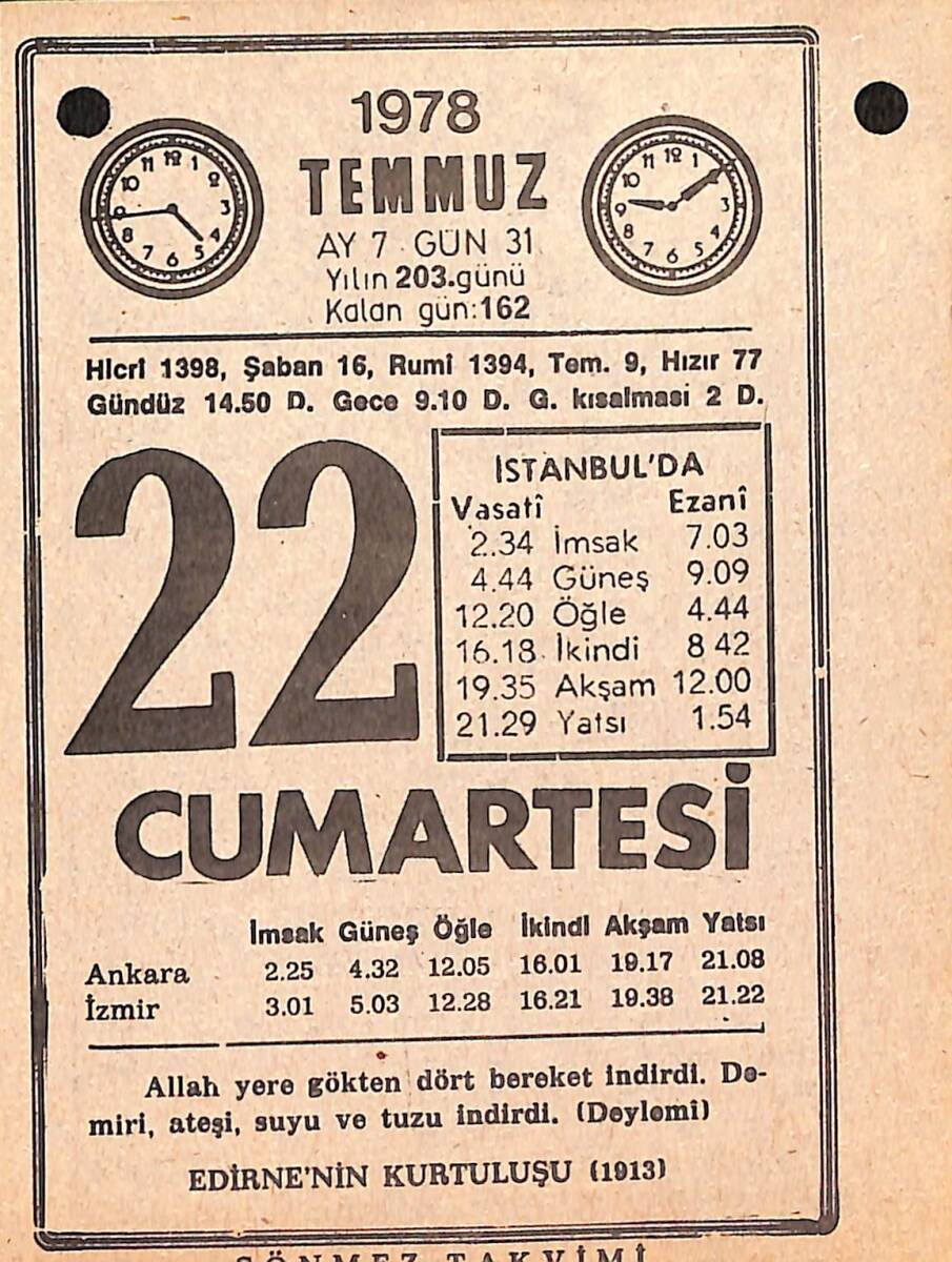 22 Temmuz 1978 Takvim Yaprağı - Doğum Günü Hediyesi EFMN15431 - 1