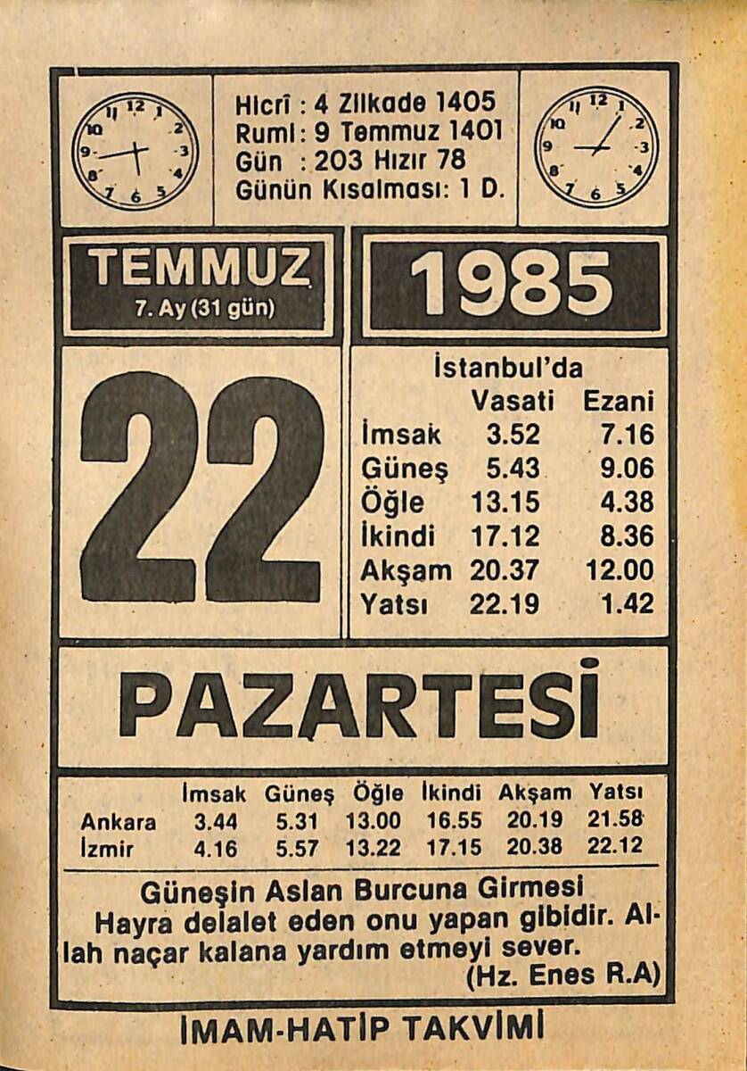 22 Temmuz 1985 Takvim Yaprağı - Doğum Günü Hediyesi EFMN15722 - 1