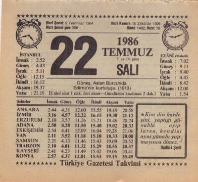 22 Temmuz 1986 Takvim Yaprağı EFM(N)2095 - 2