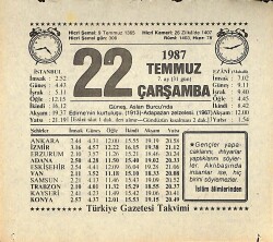 22 Temmuz 1987 Takvim Yaprağı - Doğum Günü Hediyesi EFMN13834 - Gökçekoleksiyon