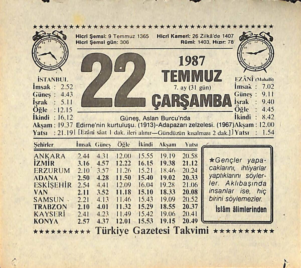 22 Temmuz 1987 Takvim Yaprağı - Doğum Günü Hediyesi EFMN13834 - 1