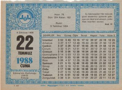 22 Temmuz 1988 Takvim Yaprağı EFM(N)2096 - 2