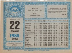 22 Temmuz 1988 Takvim Yaprağı EFM(N)2096 - 1