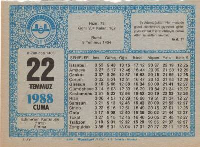 22 Temmuz 1988 Takvim Yaprağı EFM(N)2096 - 1