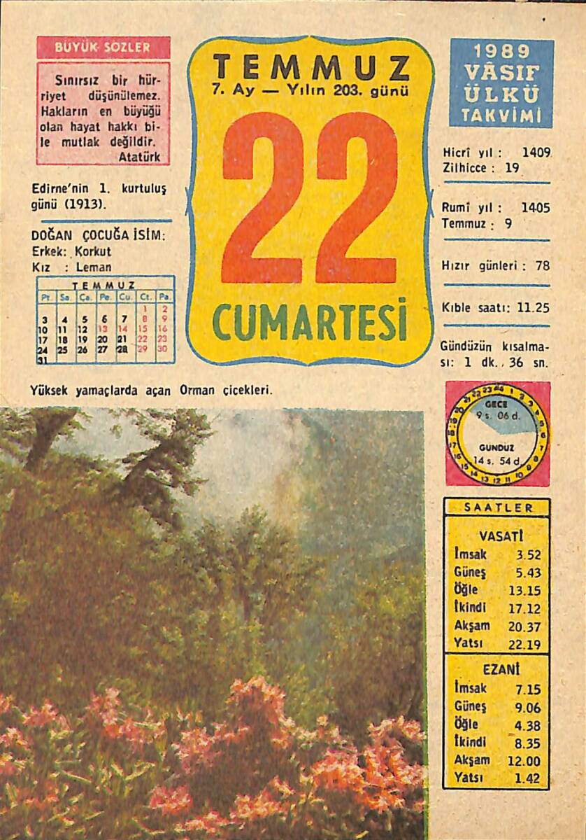 22 Temmuz 1989 Takvim Yaprağı - Doğum Günü Hediyesi EFMN13884 - 1