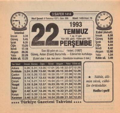 22 Temmuz 1993 Takvim Yaprağı EFM(N)2099 - 1