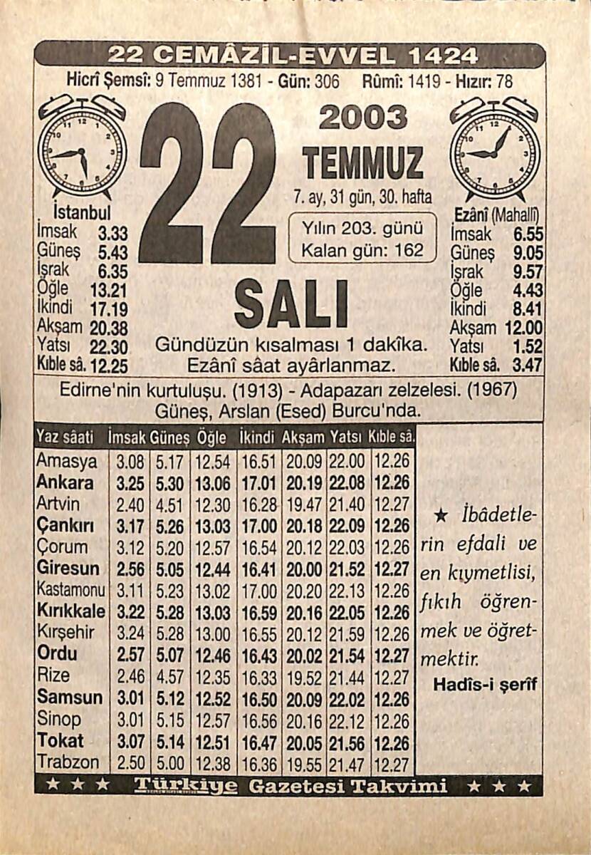 22 Temmuz 2003 Takvim Yaprağı - Doğum Günü Hediyesi EFMN15519 - 1