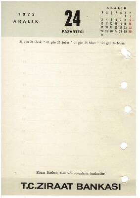 23 - 24 Aralık 1973 Ziraat Bankası Masa Takvimi Takvim Yaprağı EFM1295 - 2