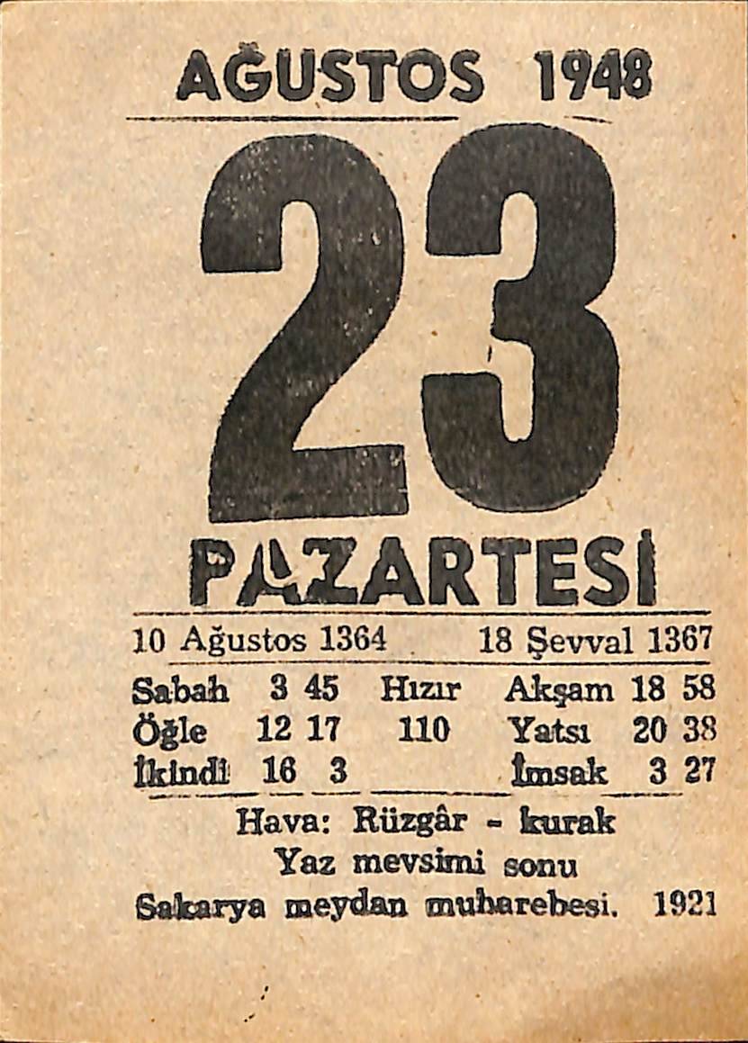 23 Ağustos 1948 Takvim Yaprağı - Doğum Günü Hediyesi EFMN14415 - 1