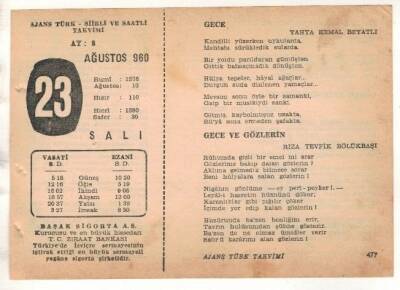 23 Ağustos 1960 Ajans Türk Takvim Yaprağı (Şiirli Saatli) EFM(N) 1701 - 3