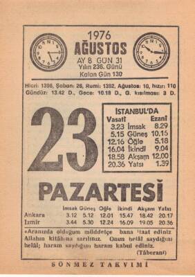 23 Ağustos 1976 Takvim Yaprağı EFM(N)2475 - 2
