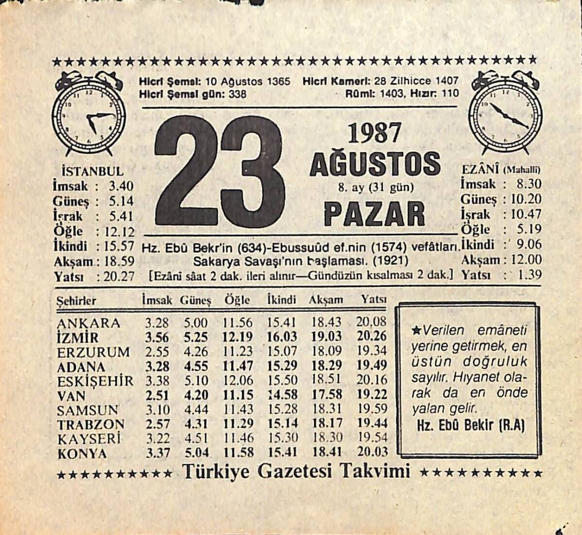 23 Ağustos 1987 Takvim Yaprağı - Doğum Günü Hediyesi EFMN15860 - 1