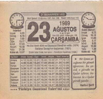23 Ağustos 1989 Takvim Yaprağı EFM(N)2480 - 2