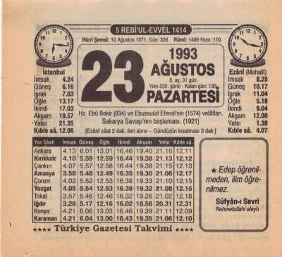 23 Ağustos 1993 Takvim Yaprağı EFM(N)2482 - 3