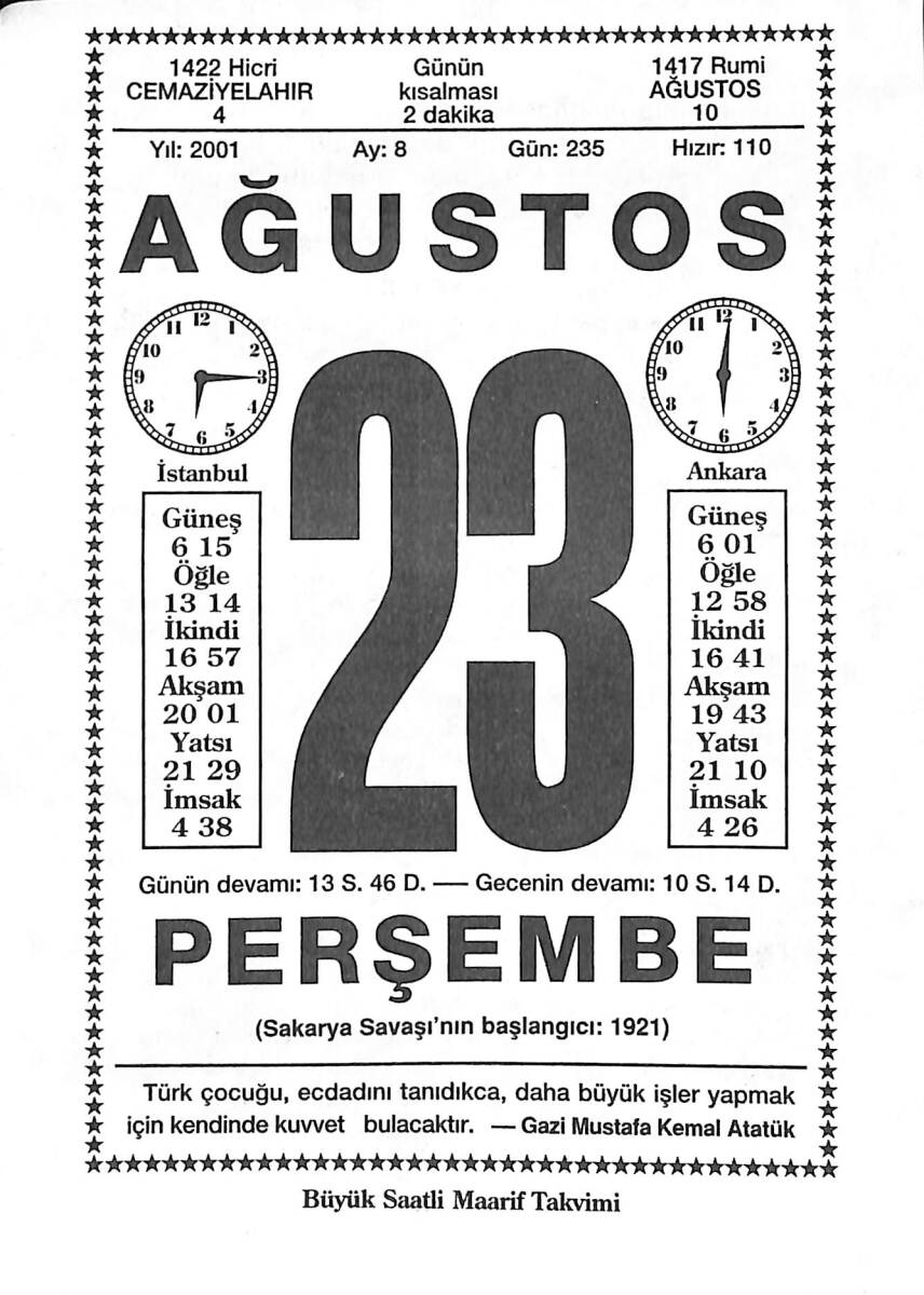 23 Ağustos 2001 Takvim Yaprağı - Doğum Günü Hediyesi EFMN14207 - 1